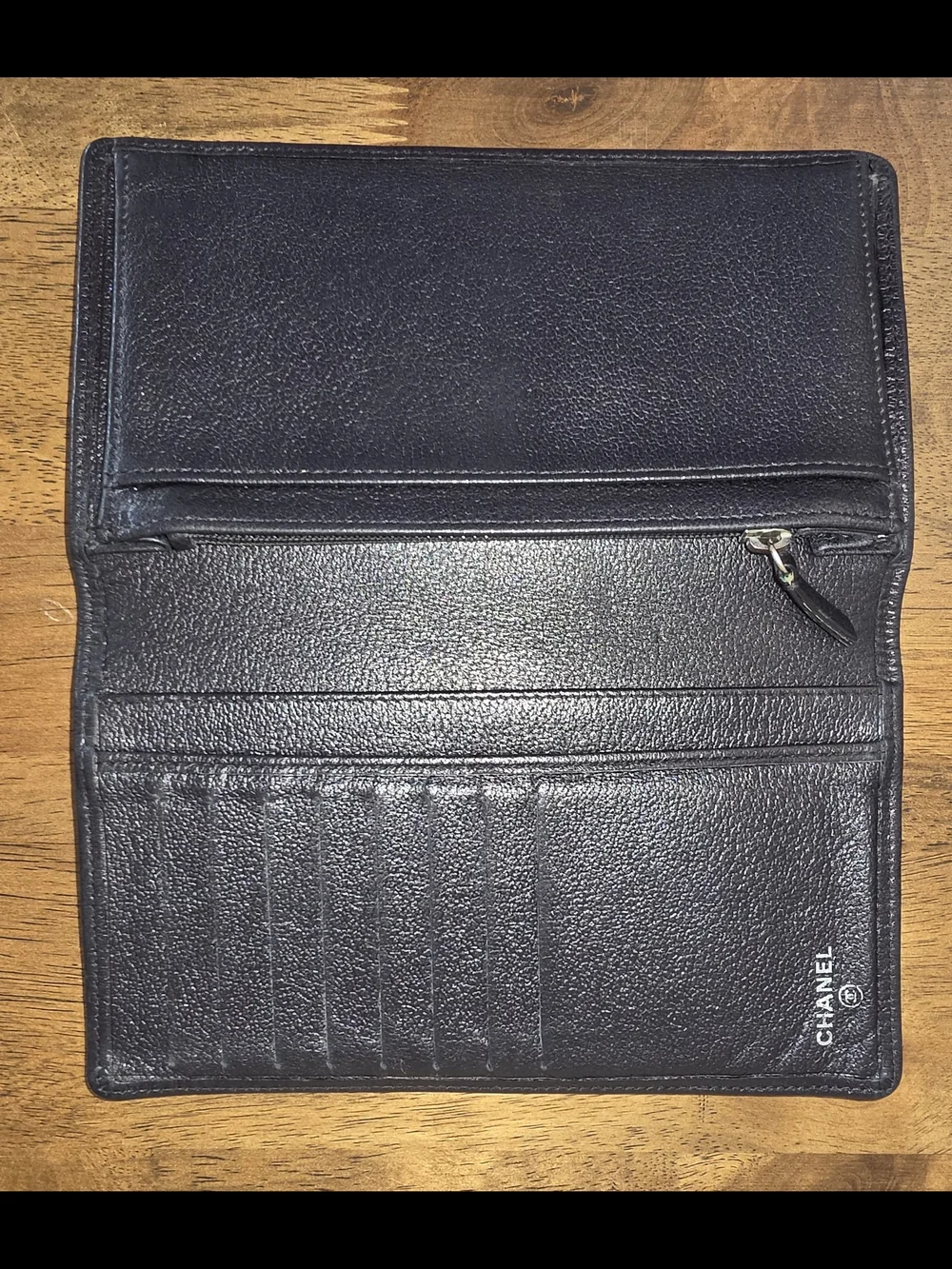 CHANEL Black Lambskin Leather Billfold Camellia Floral Accent With CC Emblem
